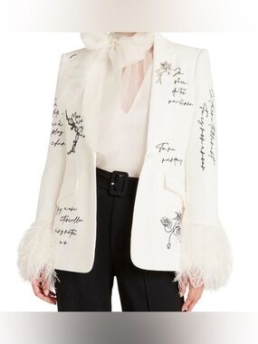 New! Cinq à Sept Designer Love Letter Embroidered Blazer with Feather Cuffs